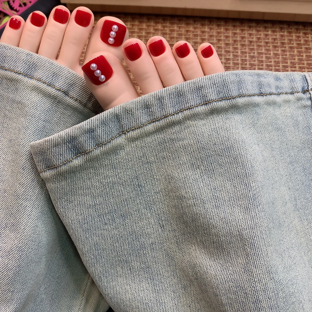 新款正红珍珠防水牢固可重复使用百搭显白穿戴脚指甲贴配胶贴工具
