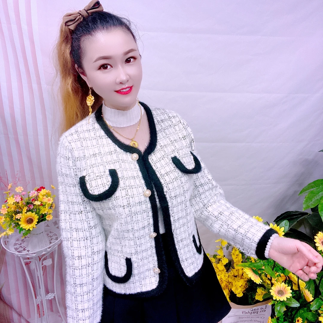 秋季毛针织衫短款上衣毛衣圆领针织开衫小香风