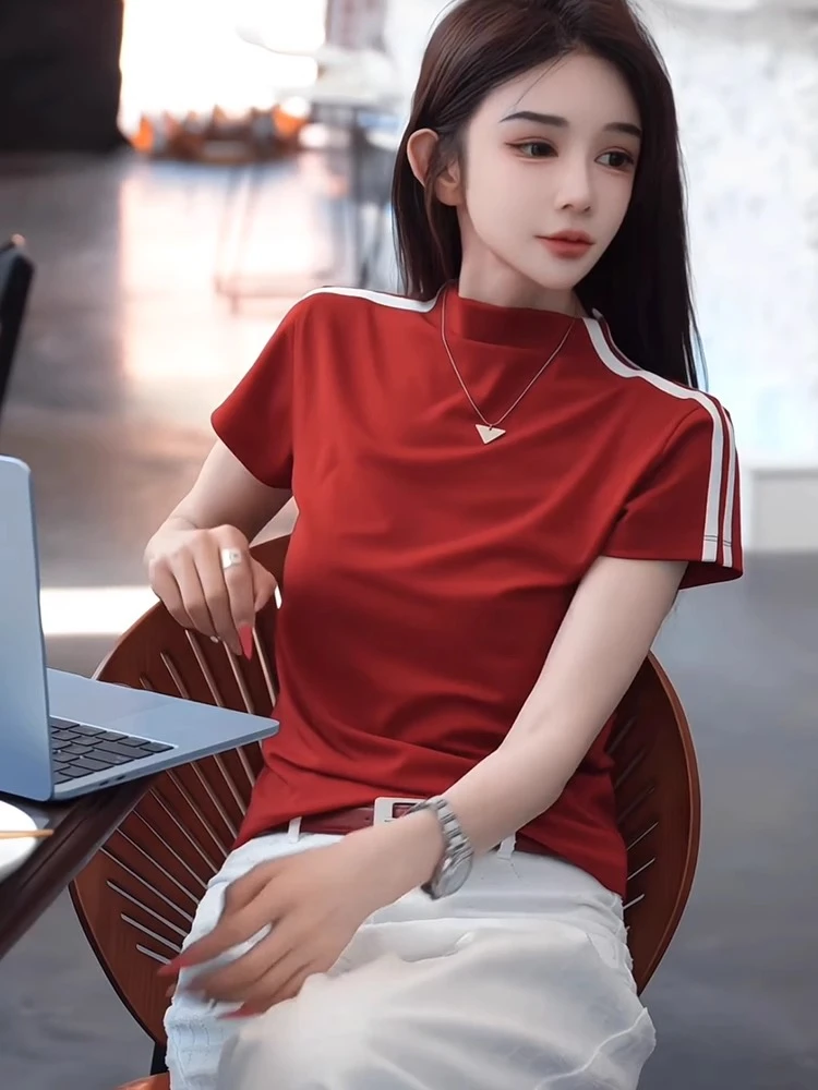 2025夏季新款时尚半高领正肩洋气短袖T恤女别致撞色修身显瘦上衣