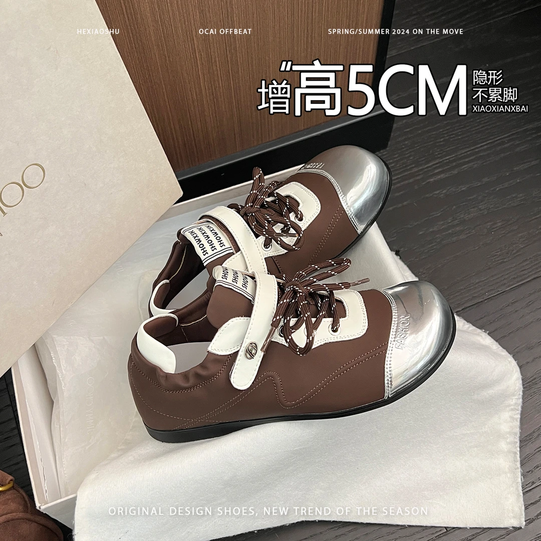 真皮韩版百搭单鞋网红内增高夏季时尚拼色透气圆头增高学生休闲鞋