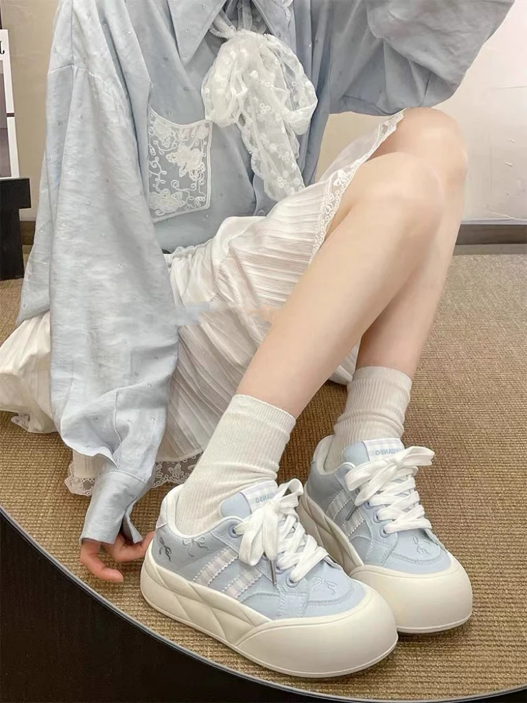 2025夏季厚底面包鞋女韩系百搭纯欲蝴蝶结小众原创帆布鞋