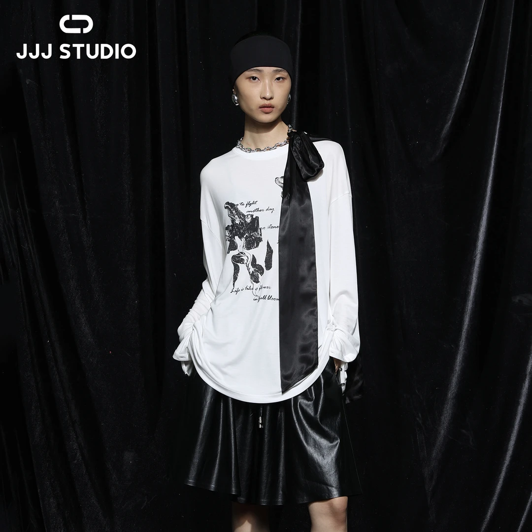 JJJ STUDIO 黑白色圆领女款t恤配领带可盐可甜宽松显瘦JDWWA1T312