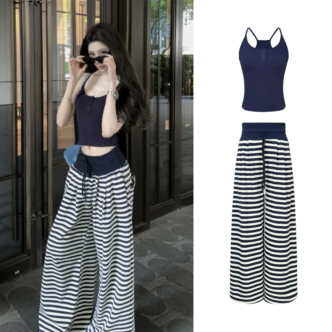 【随意套组】工字背心+松紧腰条纹运动长裤套装H 8780#