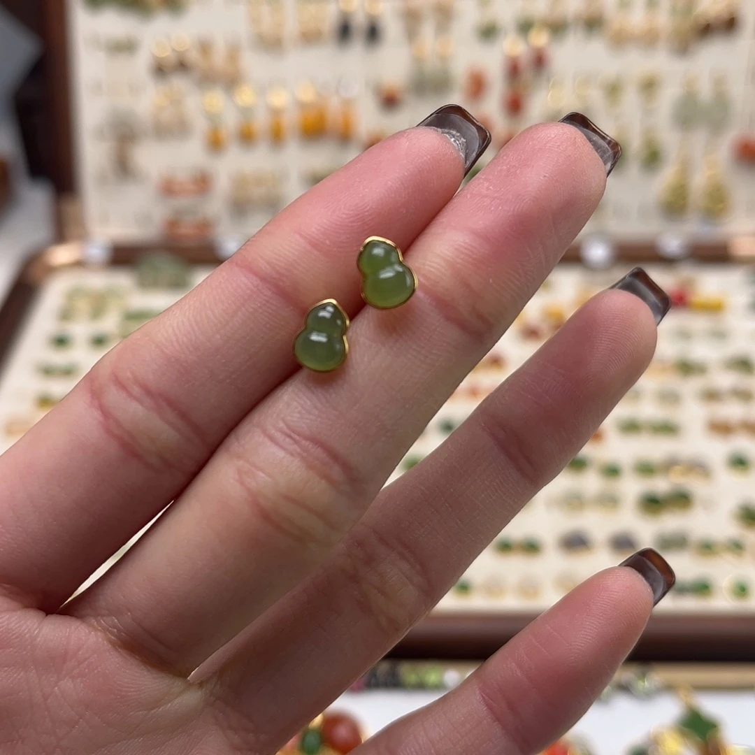 和田玉银S925镀金镶嵌耳饰