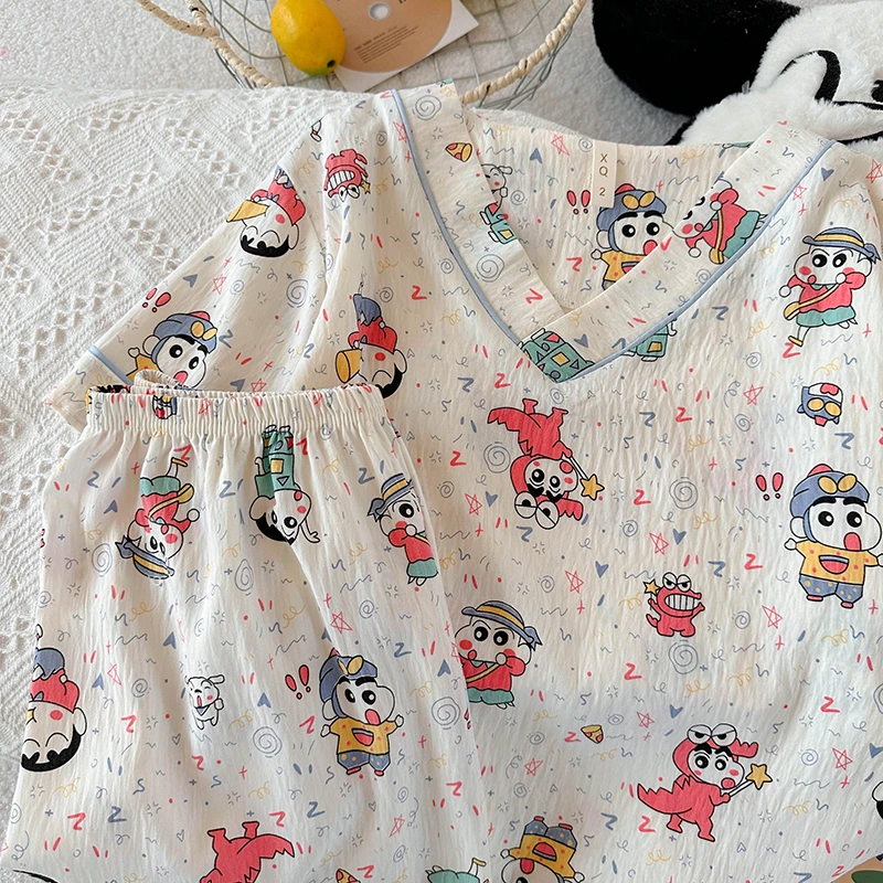 卡通小新2025新款睡衣女夏短袖短裤云朵棉V领少女学生日系家居服