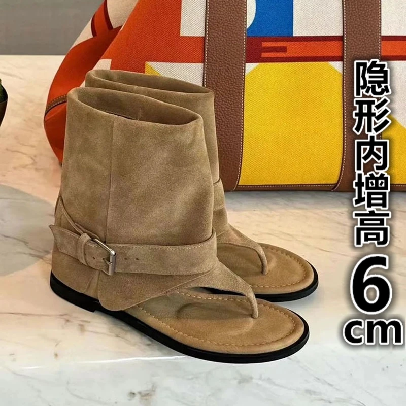 【张领领专属】内增高复古皮带扣短靴夏季新款时髦夹趾人字裤管靴女