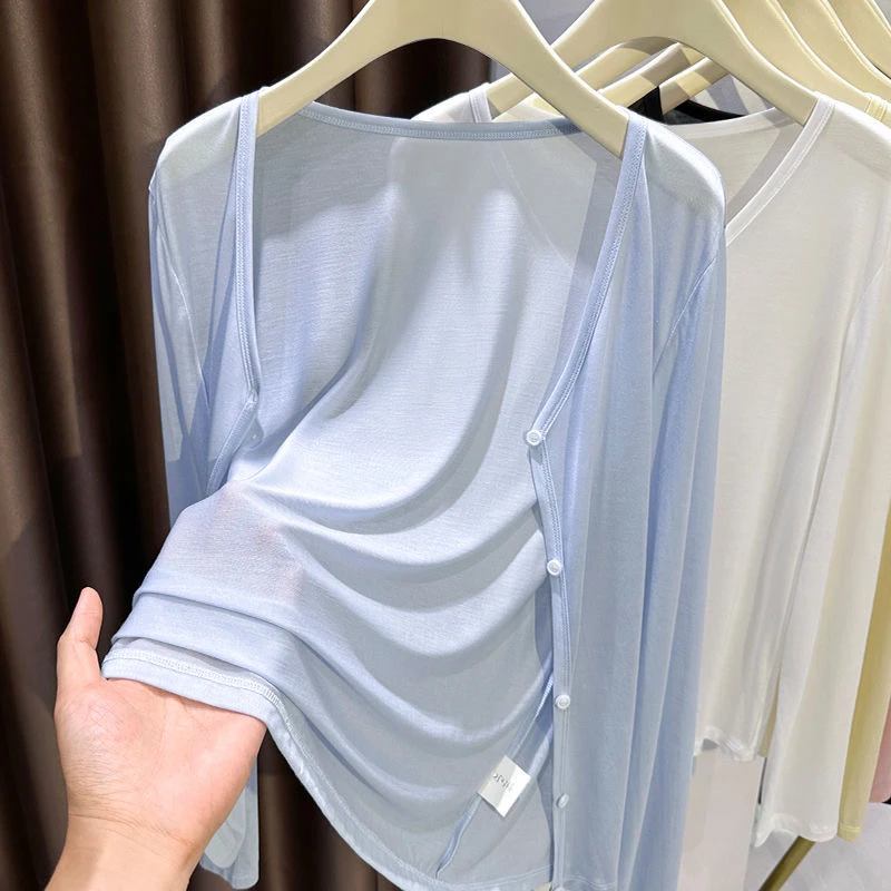 蓝色面膜莱赛尔天丝针织防晒长袖开衫女夏连衣裙外搭薄款披肩上衣