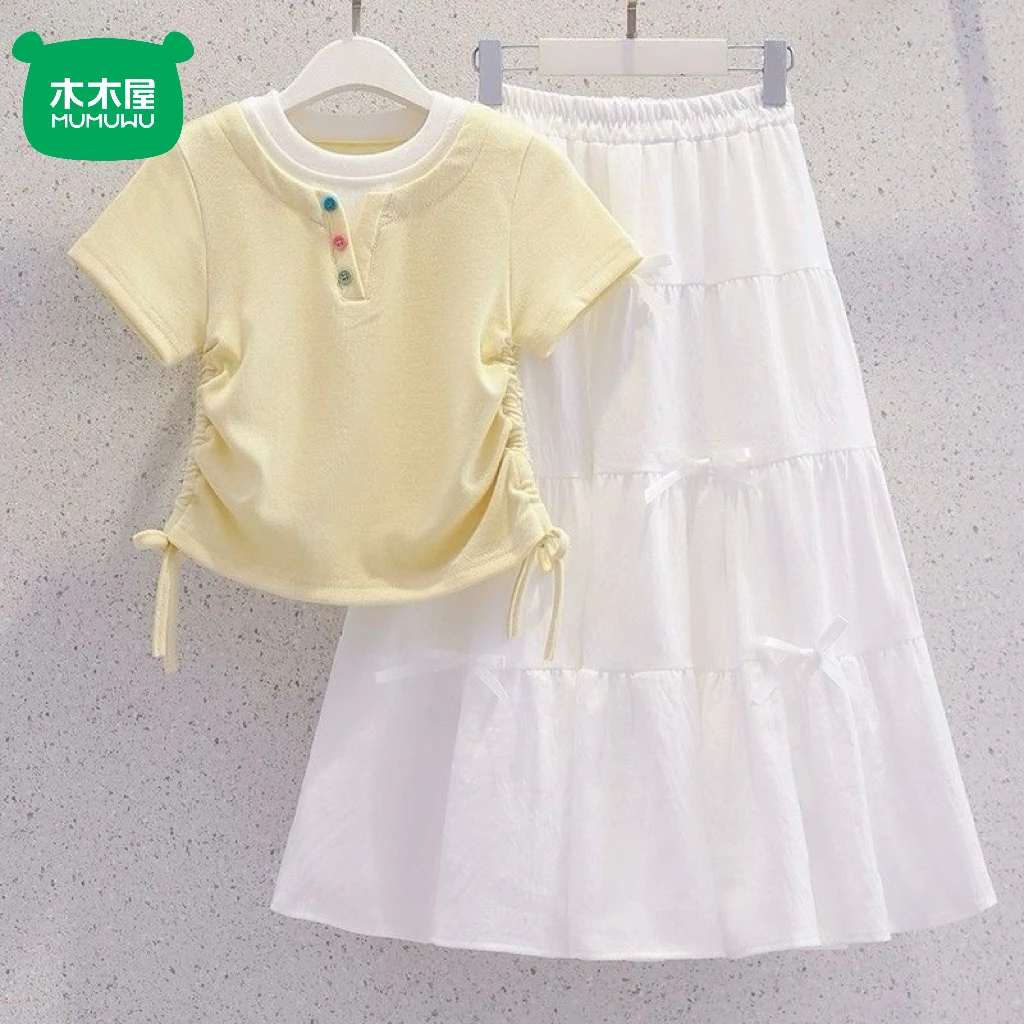 女童超好看夏装裙子套装2025新款薄款洋气儿童假两件短袖半身长裙