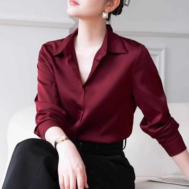 复古酒红色衬衣女高档仿醋酸缎面垂顺OL洋气显肤白设计感长袖衬衣