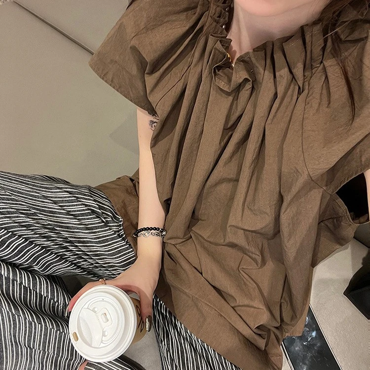 法式度假风荷叶边圆领小飞袖宽松上衣套头小衫夏装新品