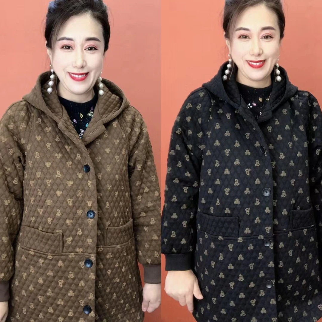 许中老年妈妈春秋中长款连帽宽松休闲有里衬印花外套