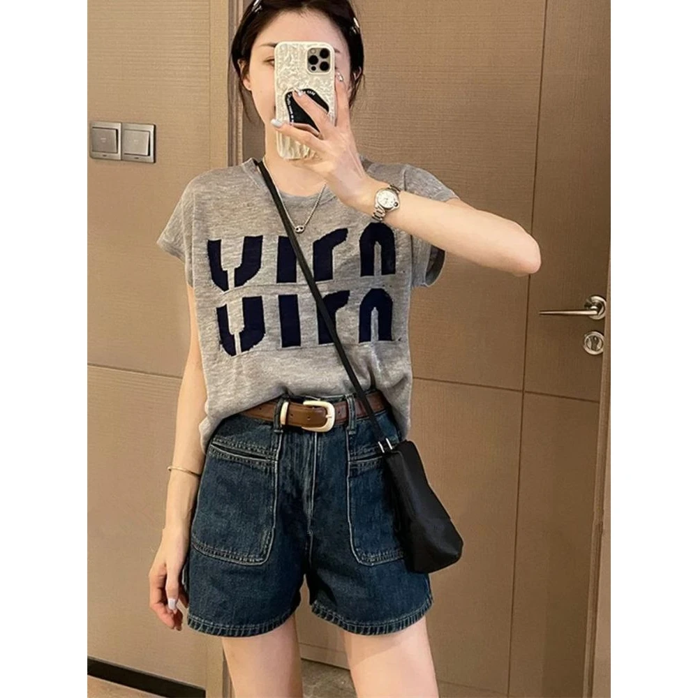 冰丝针织衫短袖T恤女薄款夏季2025新款宽松短款设计感小个子上衣