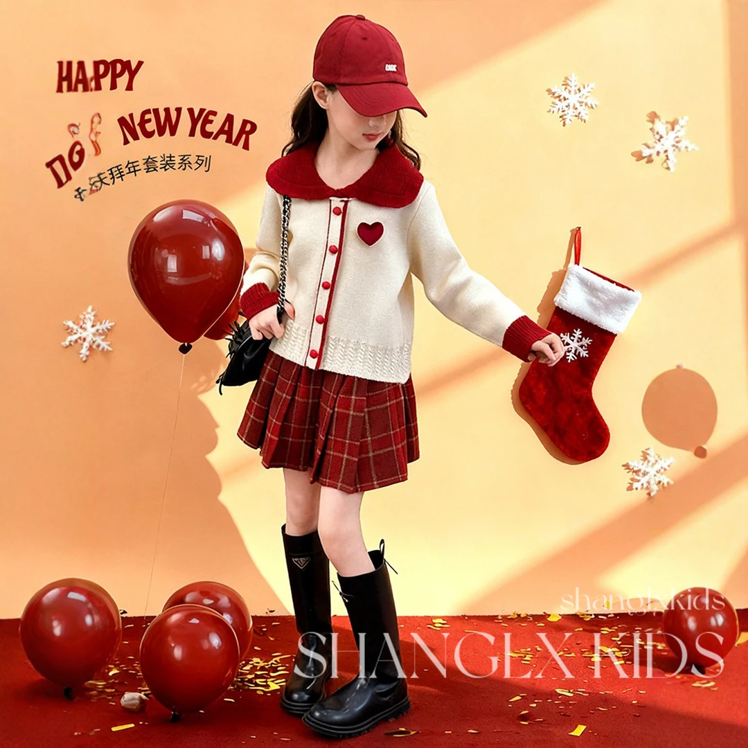 女童冬装裙子套装2026新款女大童洋气圣诞穿搭儿童冬季本命年衣服