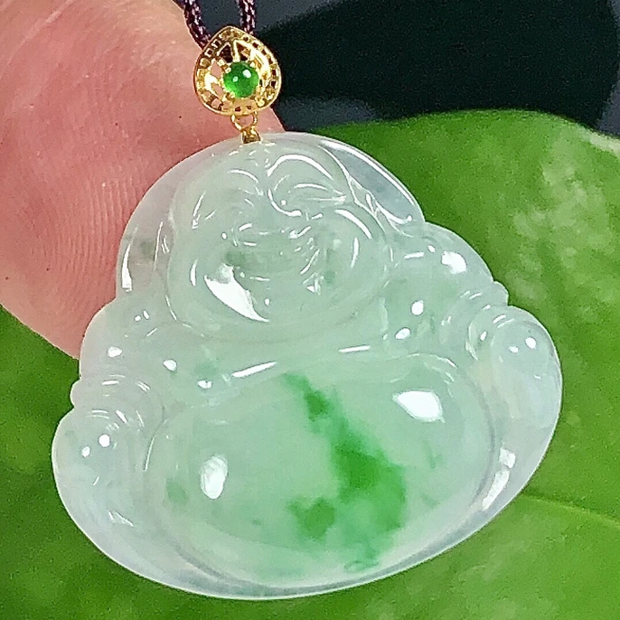 缅甸天然翡翠A货18K金扣镶嵌冰种飘阳绿佛公小吊坠官方正品玉佛坠