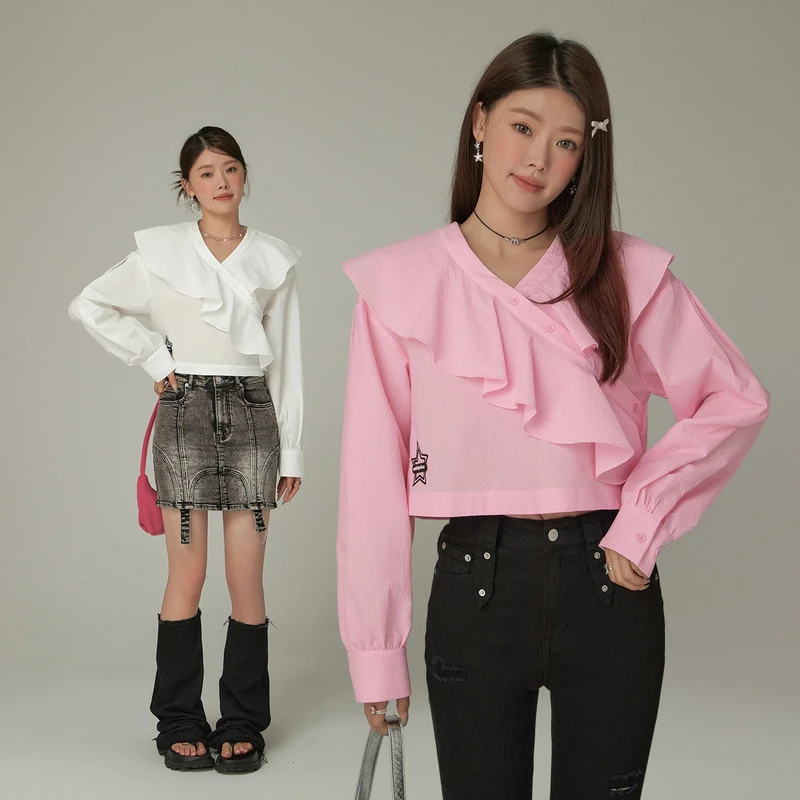 DG002【马琦尧专属】CHUU秋季女装荷叶边设计百搭宽松甜美衬衫-Y