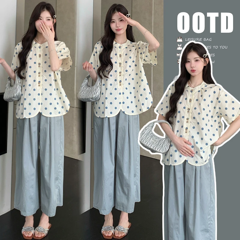 2025夏装套装韩版森系时尚洋气波点上衣+阔腿裤孕妇减龄两件套