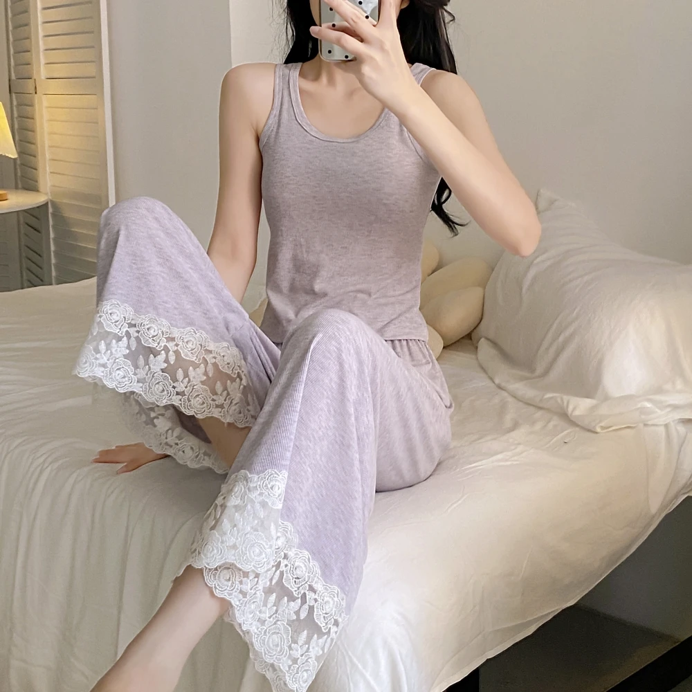 带胸垫睡衣女夏季背心纯棉抑菌美体美背塑身一体可外穿家居服套装