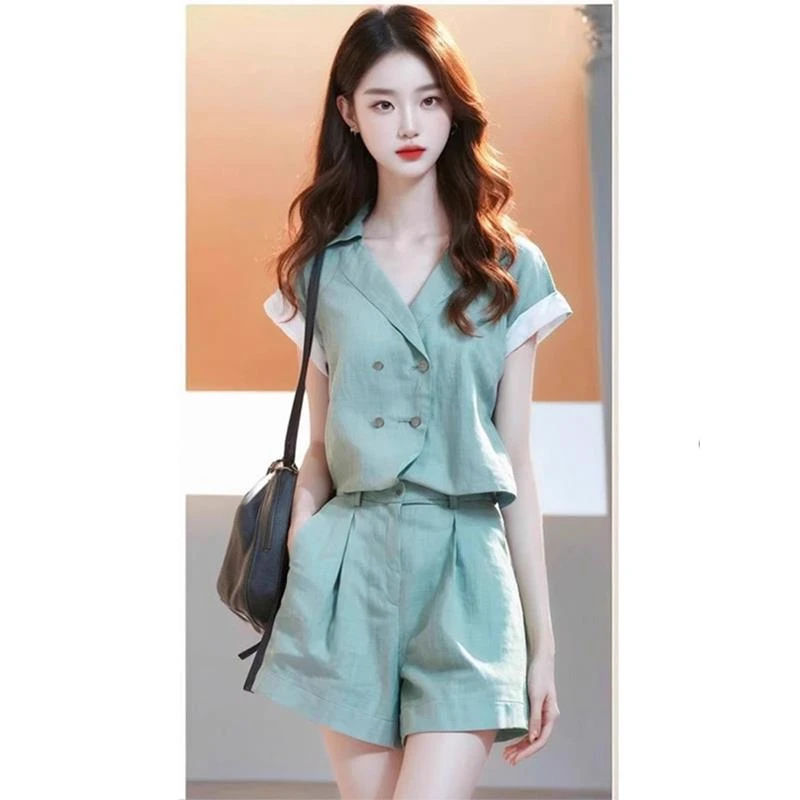 气质穿搭一整套独特别致蓝色短袖衬衫短裤亚麻两件套装女2025新款