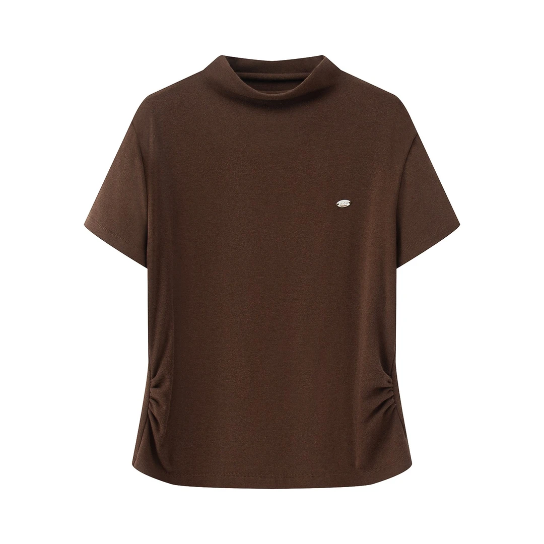 艾家同款2025秋款T恤半高领秋冬短袖棕色时尚短袖打底衫613013