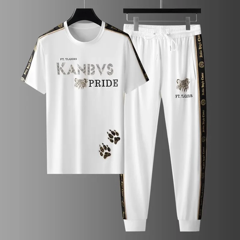 潮流老虎夏季套装男休闲新款宽松运动冰丝短袖T恤搭配男士长裤帅