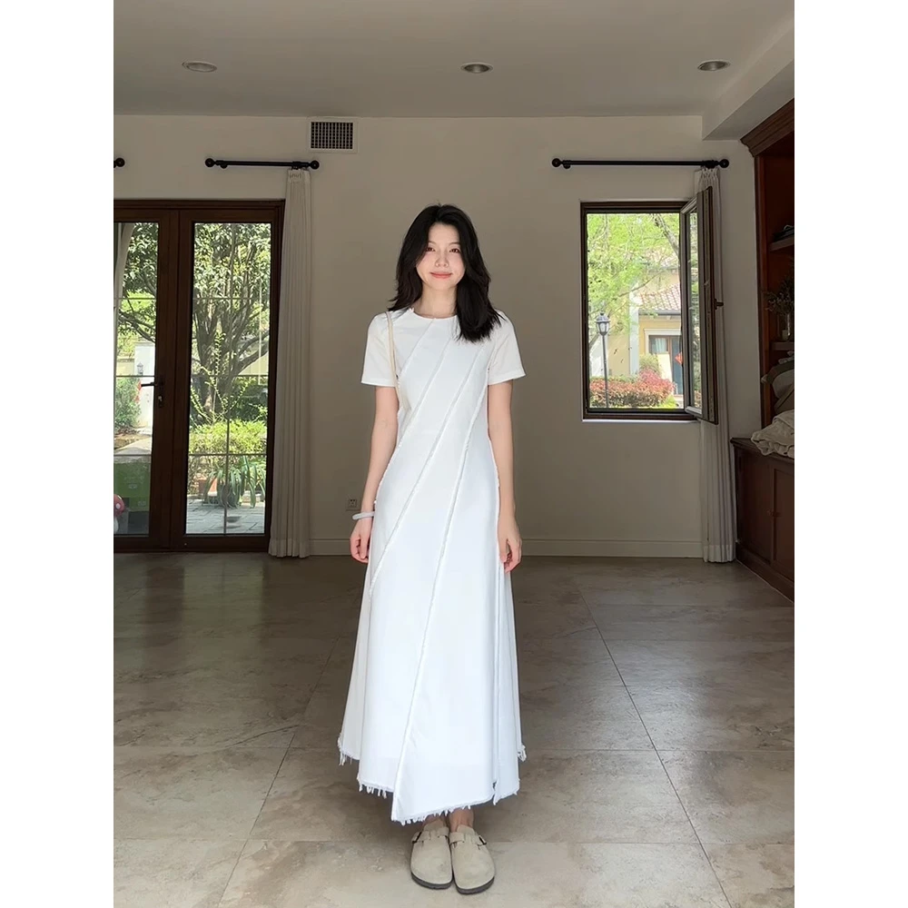 法式温柔简约白色收腰显瘦不规则短袖连衣裙女夏季设计感长裙子