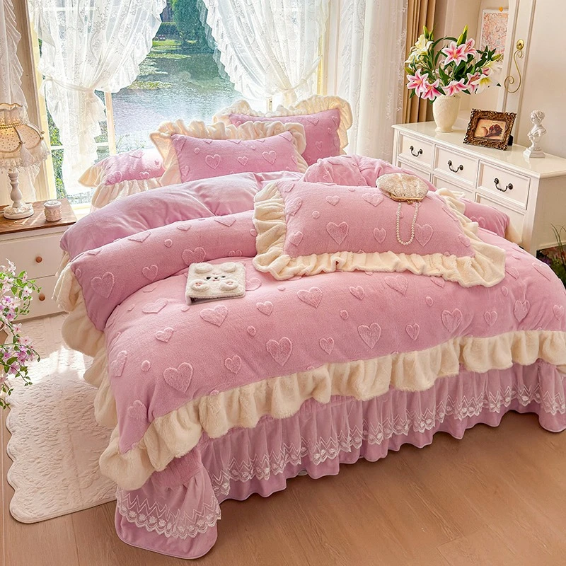 13斤加厚兔绒牛奶绒床盖四件套冬季法式蕾丝花边夹棉床裙款绒套件