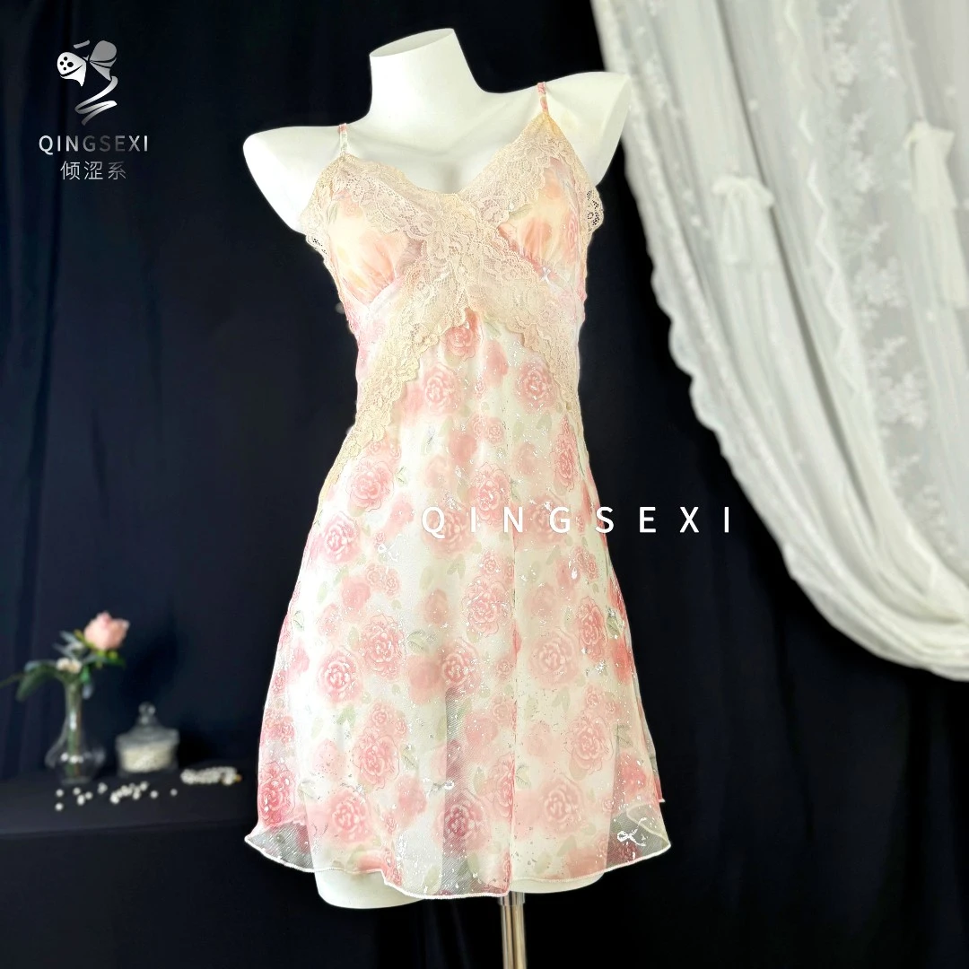【蜜桃玫瑰】倾涩系轻奢睡衣家居服睡裙蕾丝显瘦气质网红时尚夏季