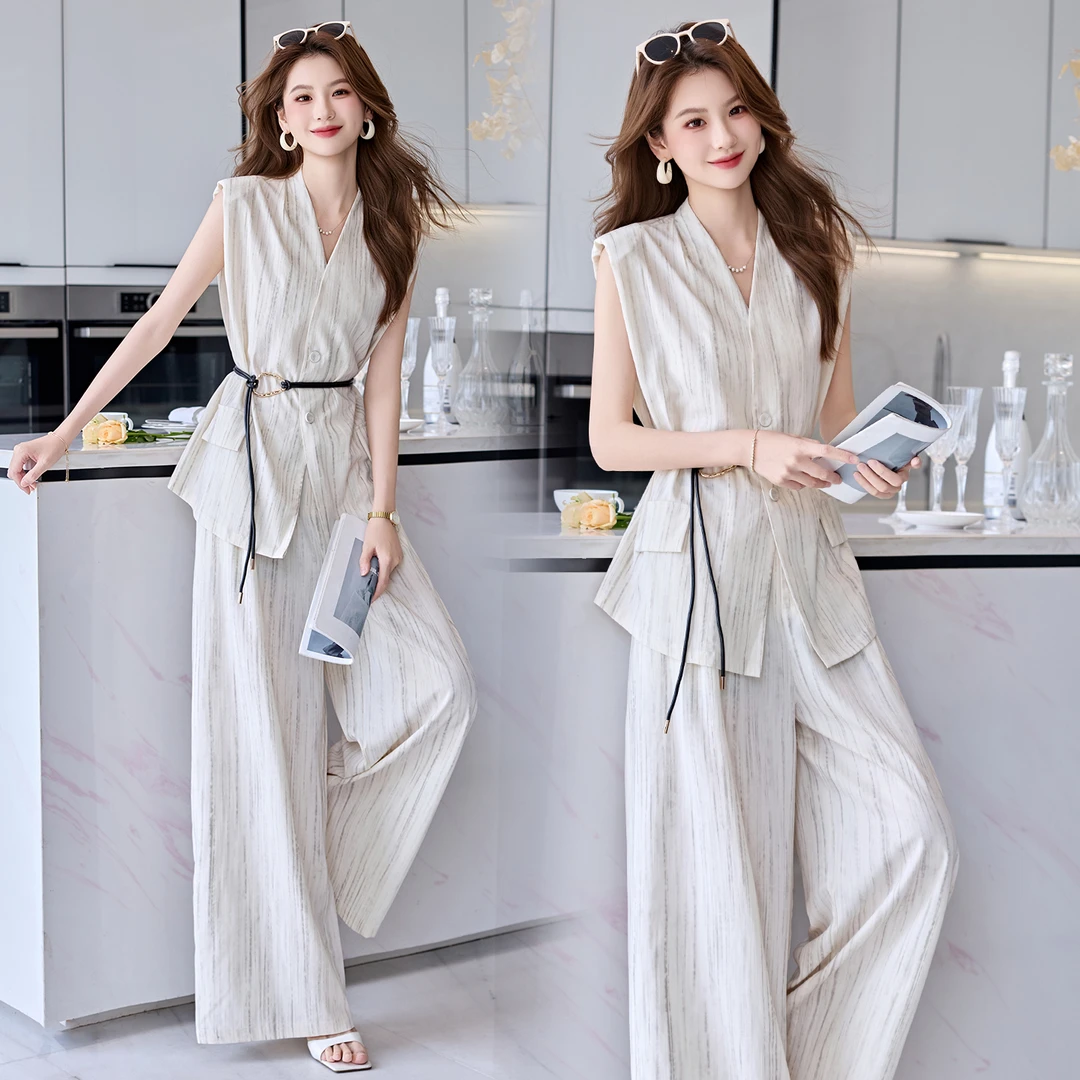 高级感气质系带衬衫套装女2025年夏季新款轻熟风晕染阔腿裤两件套