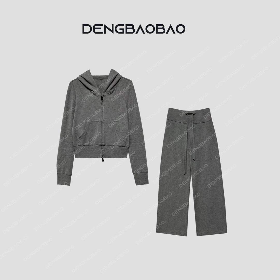 Dengbaobao 【纸片人儿】宽松型连帽长袖修身开衫卫衣休闲裤两件套
