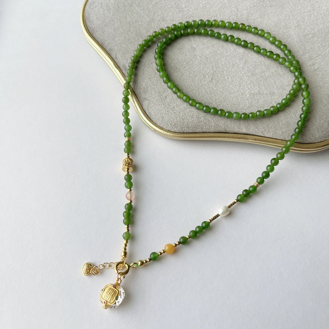 【晶雁优选】±4mm和田玉碧玉五条经微黑项链轻奢百搭