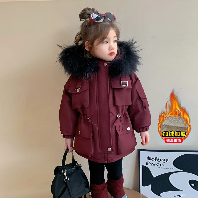 女童冬季加绒派克服棉服外套新款冬装真毛领洋气儿童加厚棉衣连帽