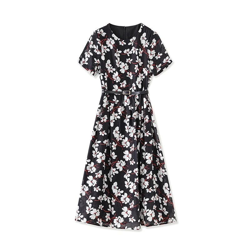 夏日新款印花仙女范中长显瘦优雅气质度假风带腰带短袖连衣裙女