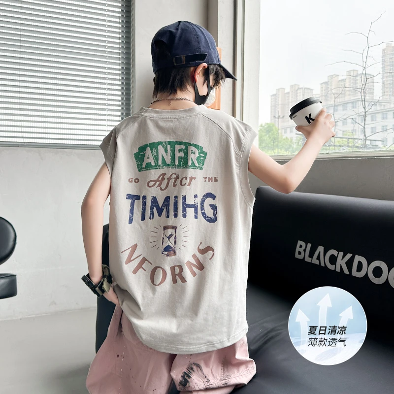男童无袖T恤夏季薄款2025新款中大童夏装男孩夏天纯棉儿童背心潮t