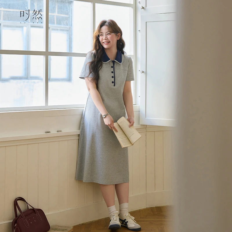 时然大码女装轻薄POLO领连衣裙春夏简约百搭休闲中长裙洋气衣服女