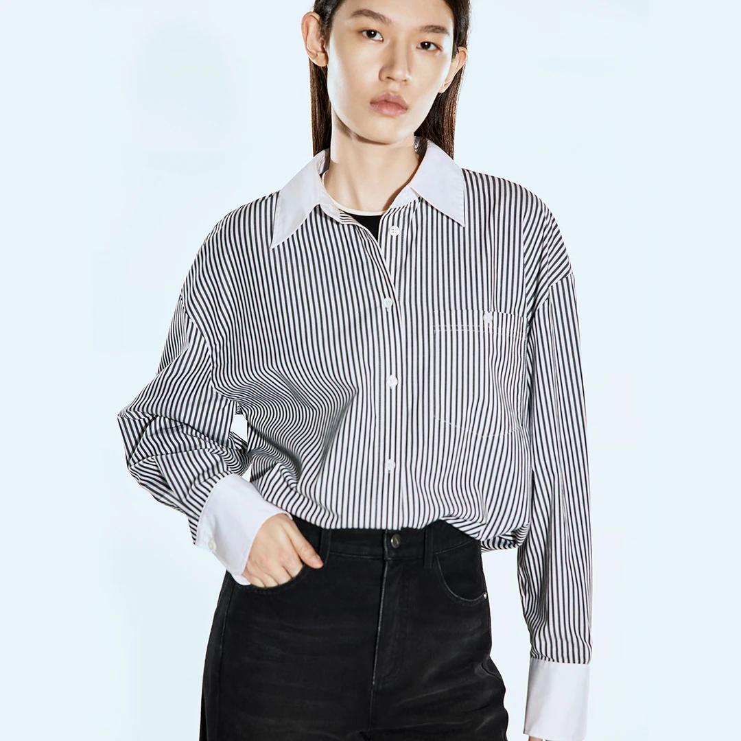 COVERINS2025春季休闲廓形时尚小众设计师款条纹衬衫CC35130160