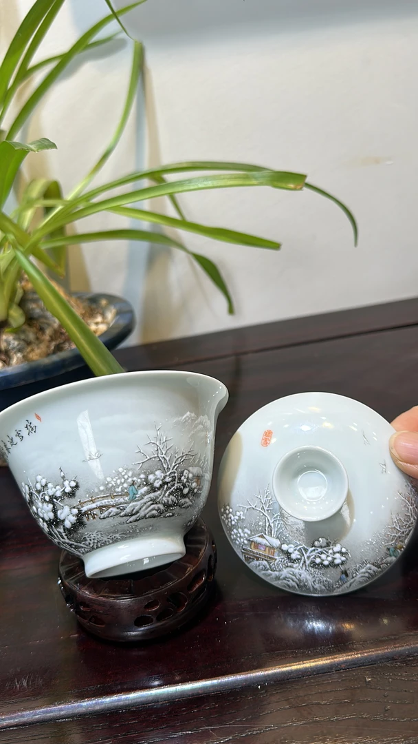 粉彩雪景盖碗-纯手绘