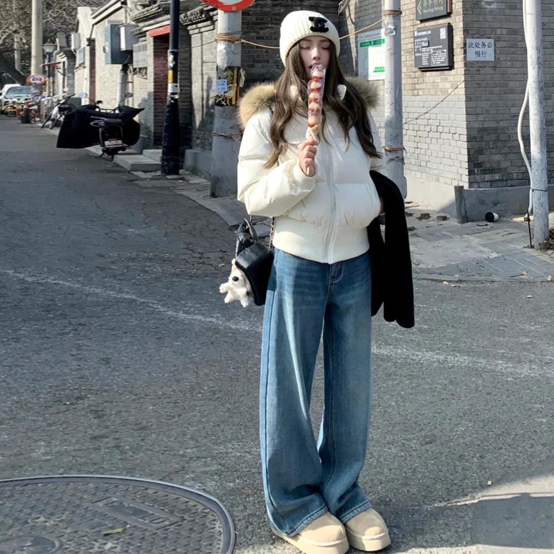 窄版阔腿加绒加厚浅色牛仔裤女秋冬2025新款高腰宽松小个子直筒裤