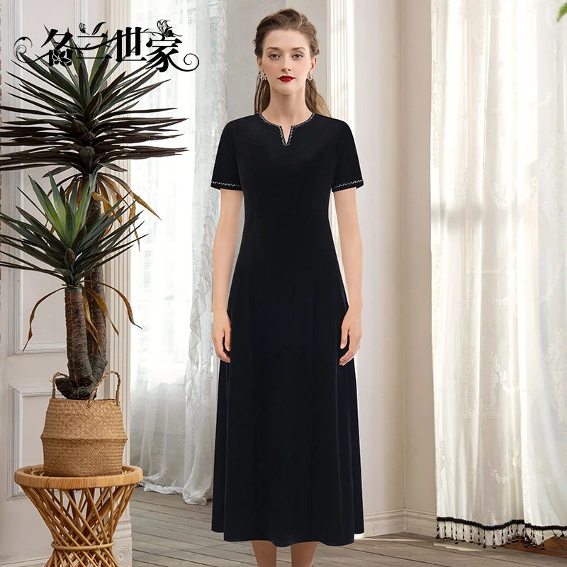 『珮缇』名兰世家秋冬新款小香风织带拼接V领短袖A字连衣裙8563