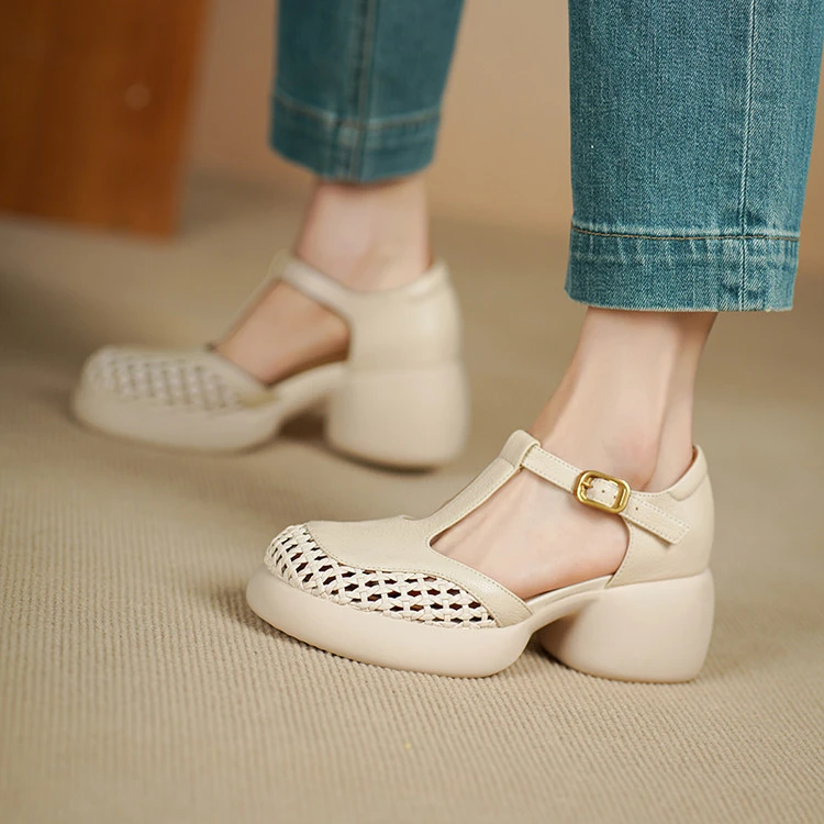 羊皮~7cm夏季新款粗跟厚底凉鞋时尚百搭高跟圆头真皮包头镂空女鞋