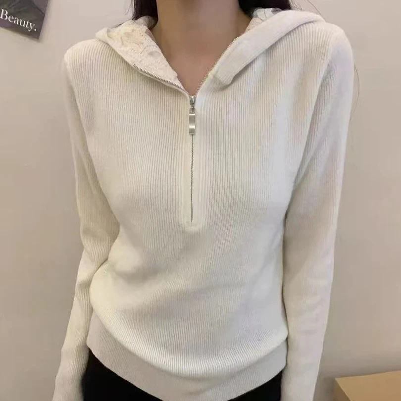 8355修身女休闲毛针织衫百搭连帽秋冬宽松连帽女针织衫