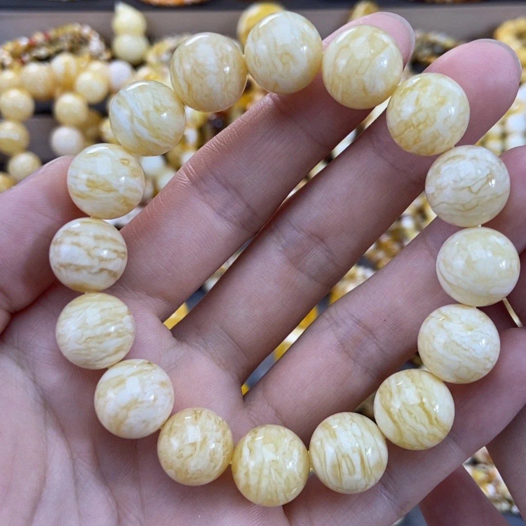 琥珀未镶嵌手链13+mm瓷白虎皮纹千层