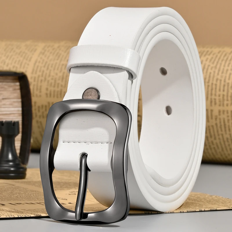 金六狐皮带女真皮宽针扣3.5白色男士腰带女款个性百搭配牛仔裤带