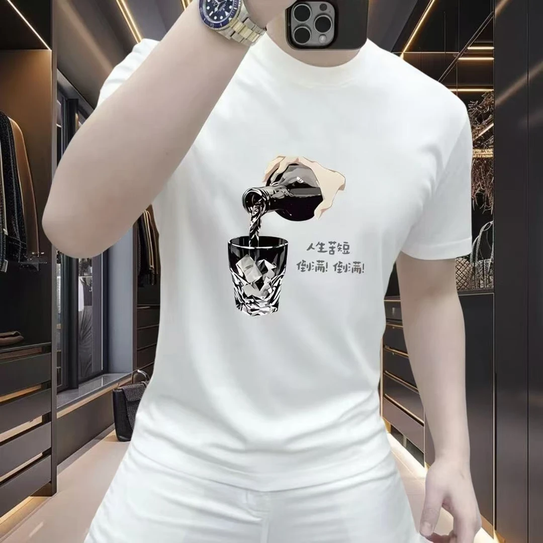 潮牌2025新款短袖t恤创意酒杯印花设计男士国潮时尚圆领百搭上衣