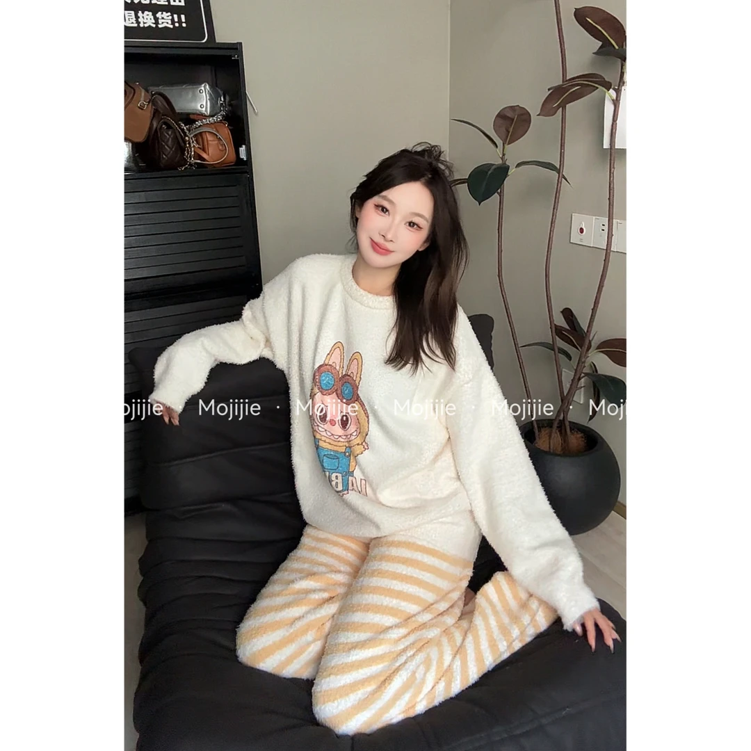 墨迹姐高个子微胖“可爱半边绒套装”保暖居家服套装睡衣女