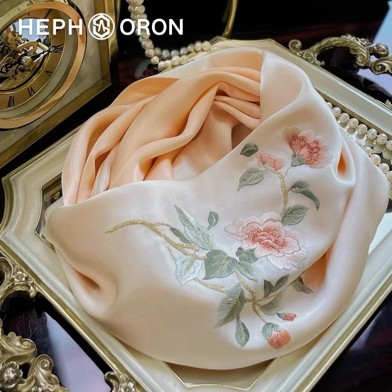HEPHSORON苏绣丝巾礼盒粉色山茶花刺绣国风披肩桑蚕丝真丝围巾