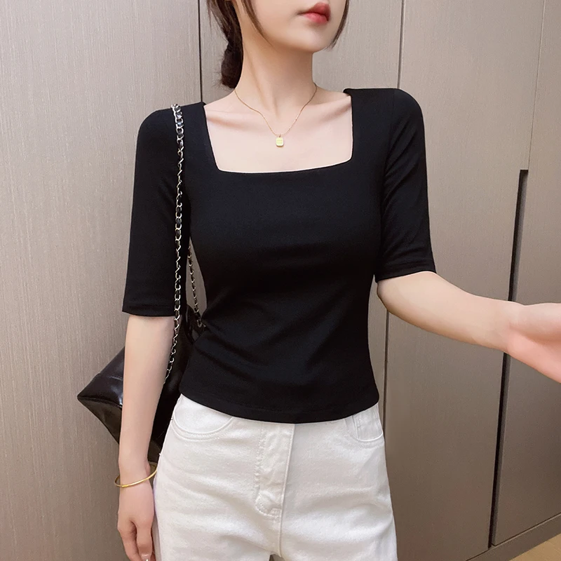 黑色方领中袖t恤女2025新款夏季低领五分袖打底外穿体恤半袖上衣