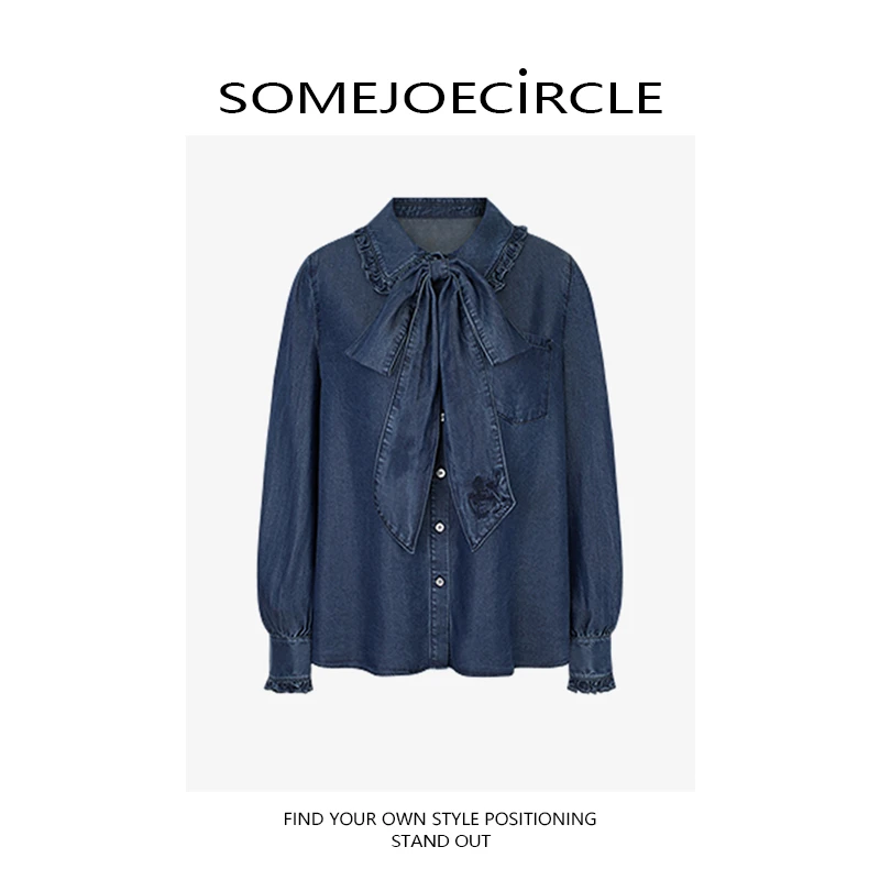 SOMEJOECIRCLE【周末】25秋新款通勤荷叶边蝴蝶结刺绣牛仔衬衫Z7611