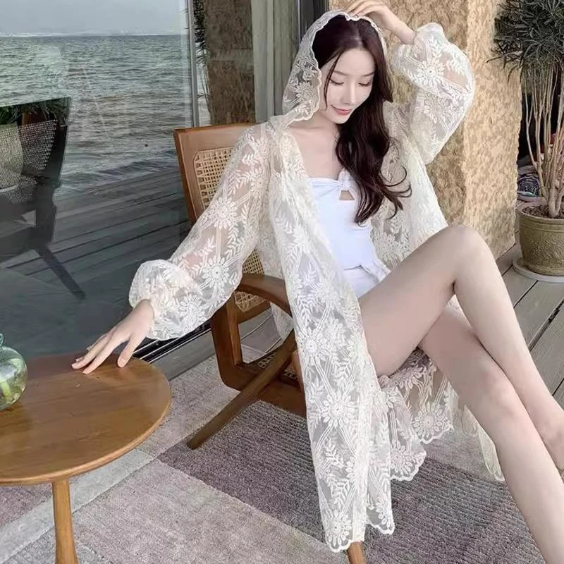 长款连帽蕾丝开衫女夏季欧货时尚洋气海边度假披肩外套宽松防晒服