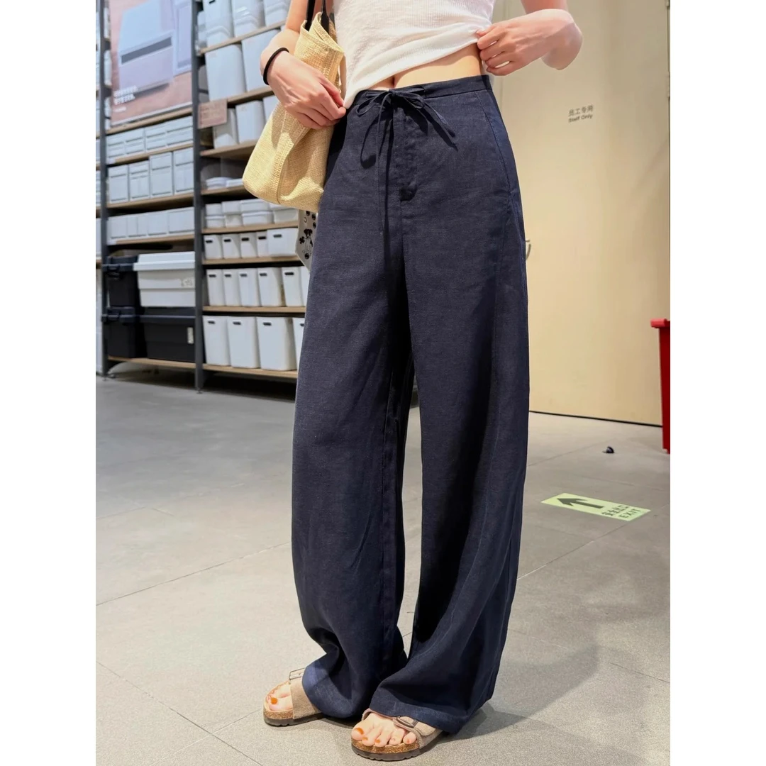 藏青色天丝亚麻阔腿裤女2025夏季薄款高腰显瘦垂感透气直筒拖地裤
