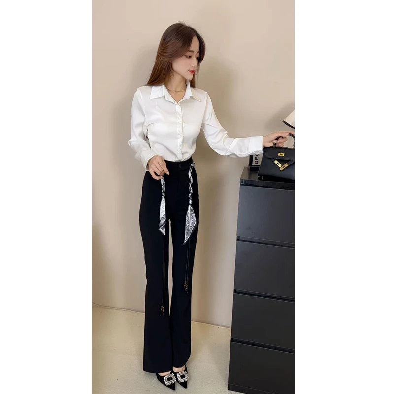 含腰带/名媛风气质洋气后背蕾丝拼接打结衬衫亩显瘦微喇裤长裤